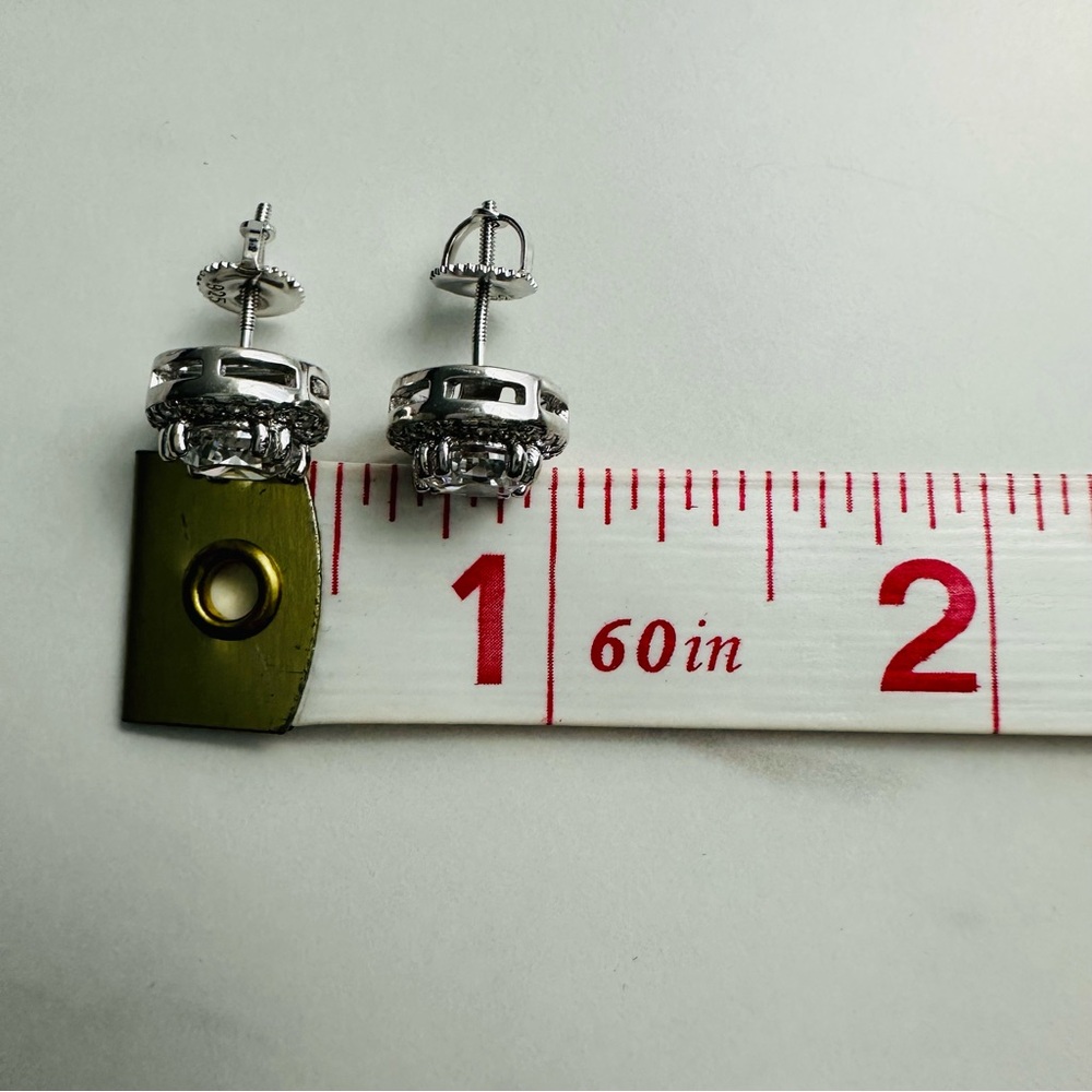 925 Sterling Silver Screwback Halo Diamond CZ Stud Earrings - Picture 7 of 8